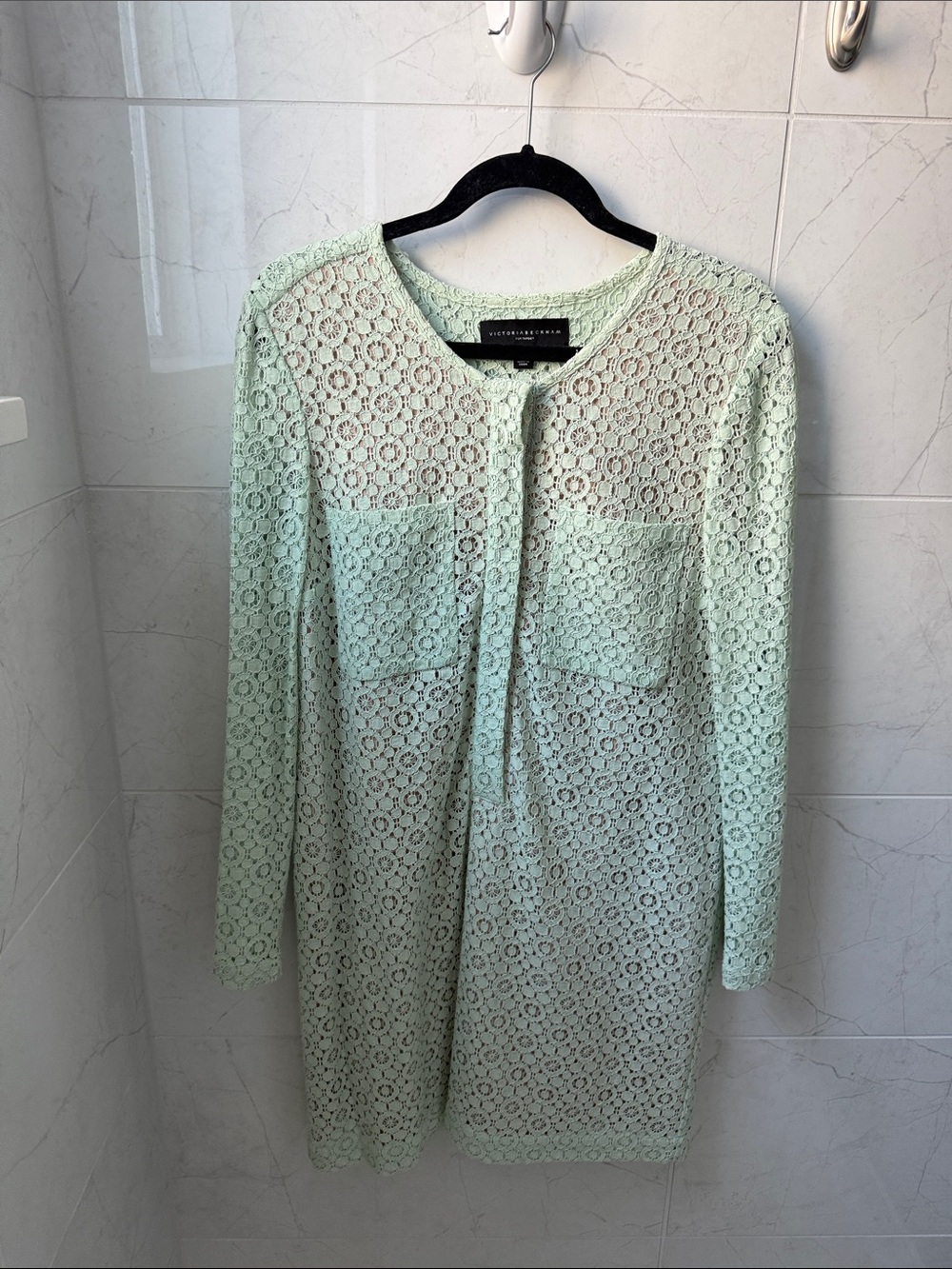 Victoria Beckham Mint Lace Long-Sleeve Shift Dress